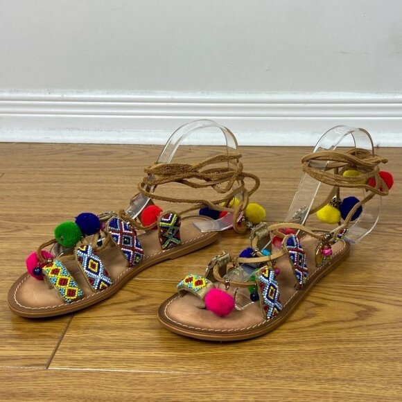 India Grace Pipa Boho Tie Up PomPom Gladiator Sandals Size 5 Sambag Charms Beach - Picture 12 of 16